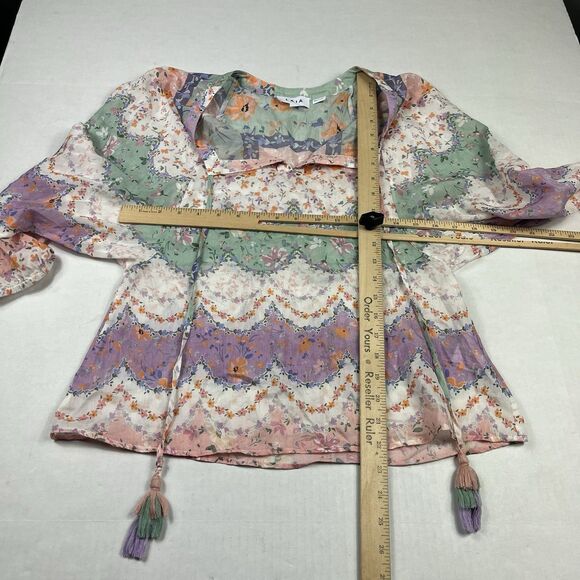 Laia Pastel Boho Blouse Lightweight Silk Blend Tassel Hem Peasant Top Small - Picture 5 of 10